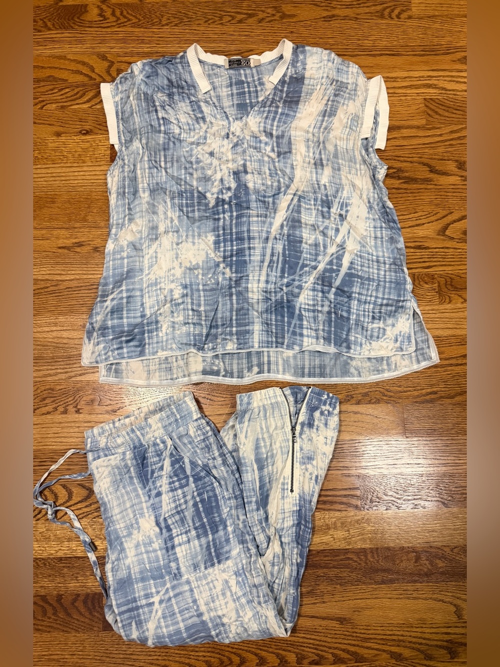 Go by GoSilk Plaid Tie Dye 100% Silk Top (L) & Jogger Pant (M) Matching Set